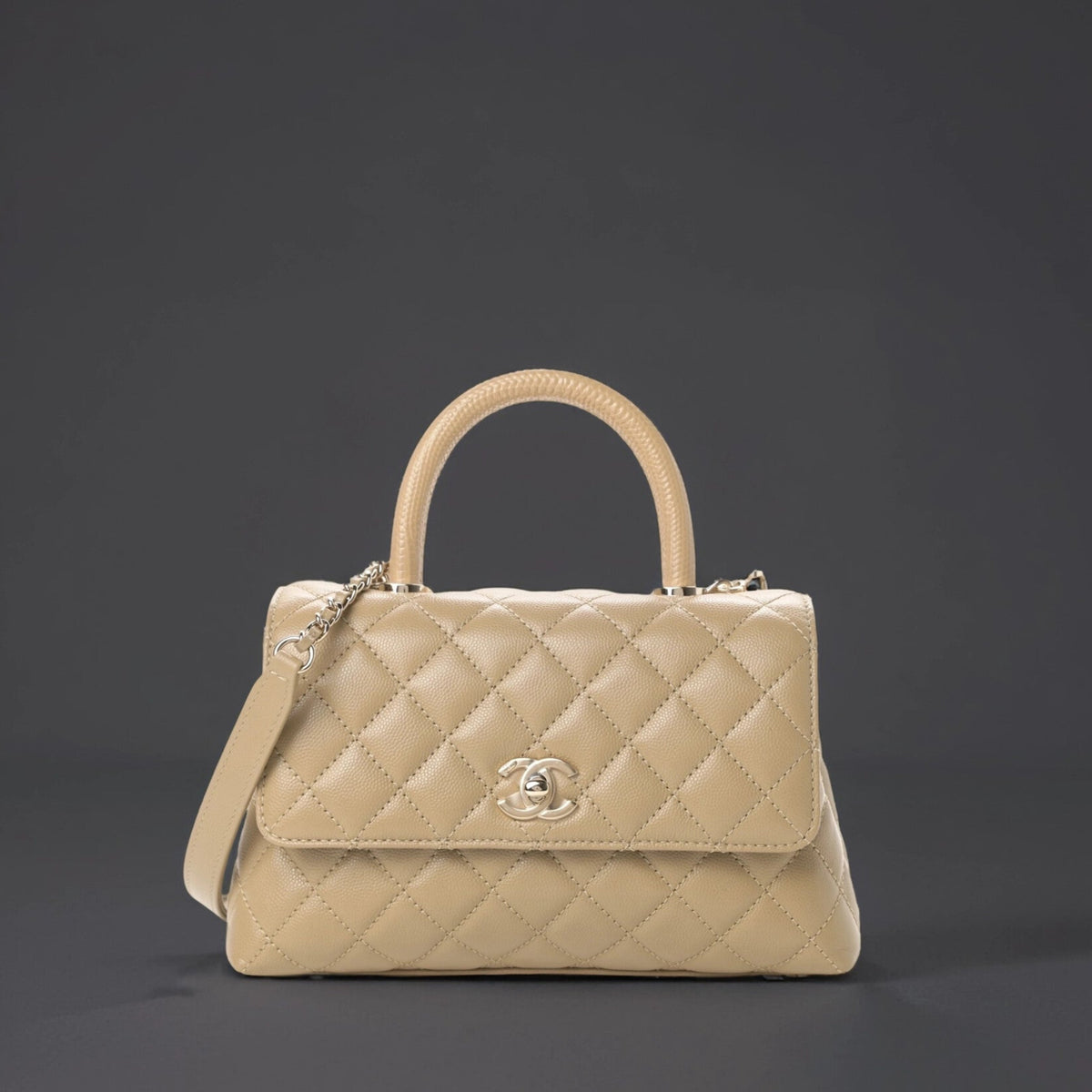 Caviar Lizard Embossed Quilted Mini Coco Handle Flap Dark Beige