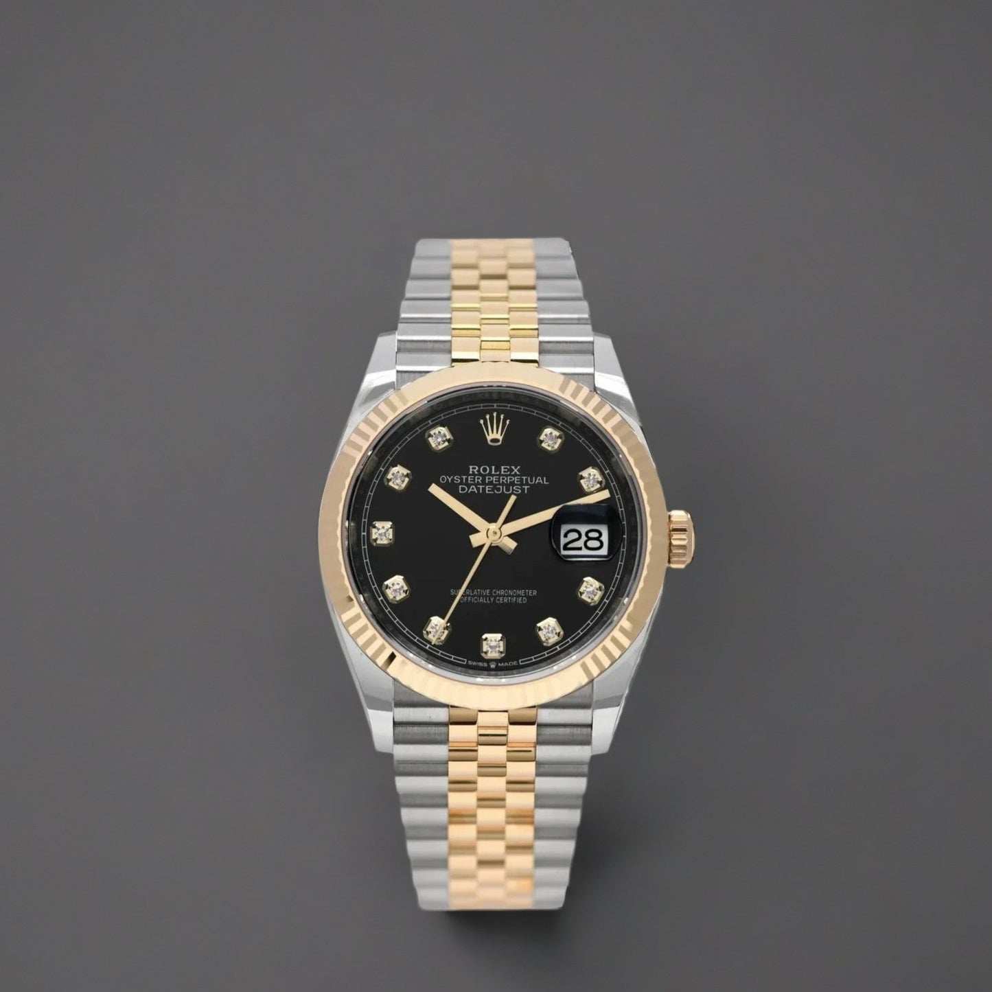 Rolex Datejust 36mm Steel Yellow Gold Black Diamond Dial Watch