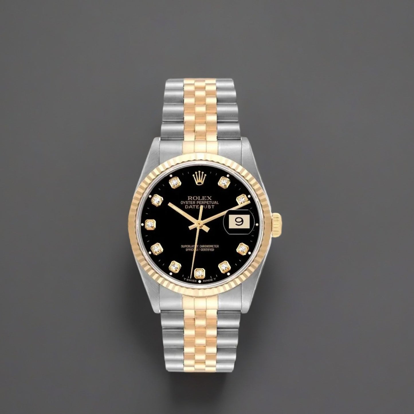 Rolex Datejust Midsize Steel Yellow Gold Black Diamond Ladies Watch