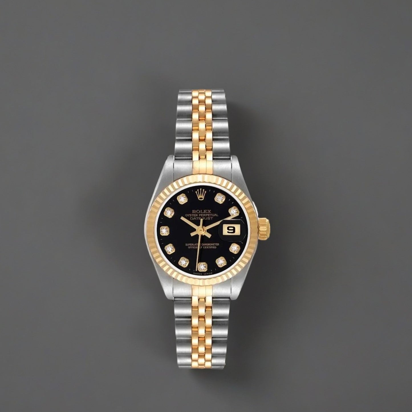 Rolex Datejust 26mm Steel Yellow Gold Black Diamond Dial Ladies Watch