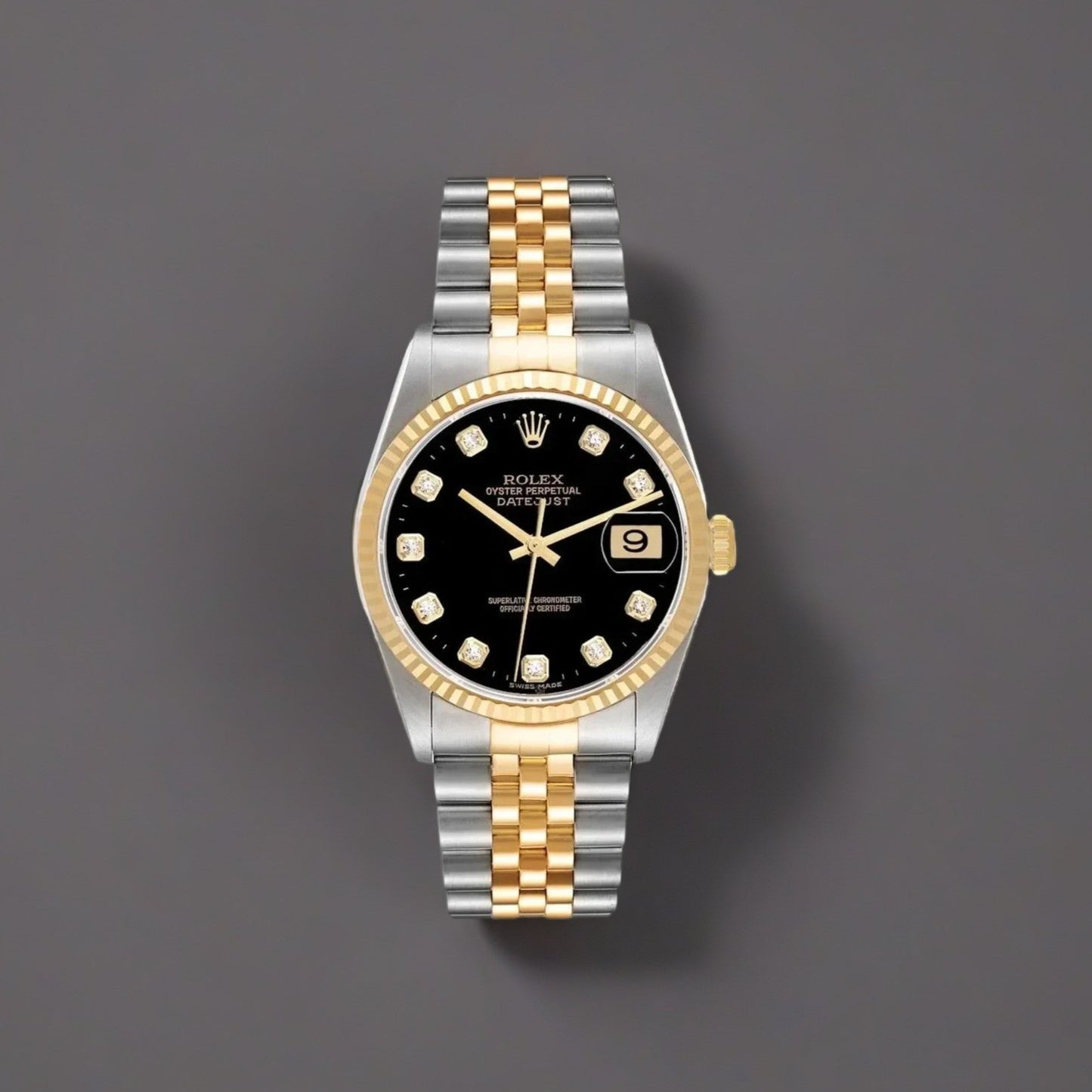 Rolex Datejust 36 mm Steel Yellow Gold Black Diamond Dial Watch