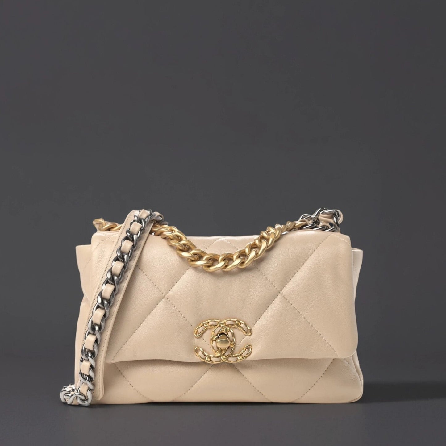 Lambskin Quilted Small Chanel 19 Flap Beige