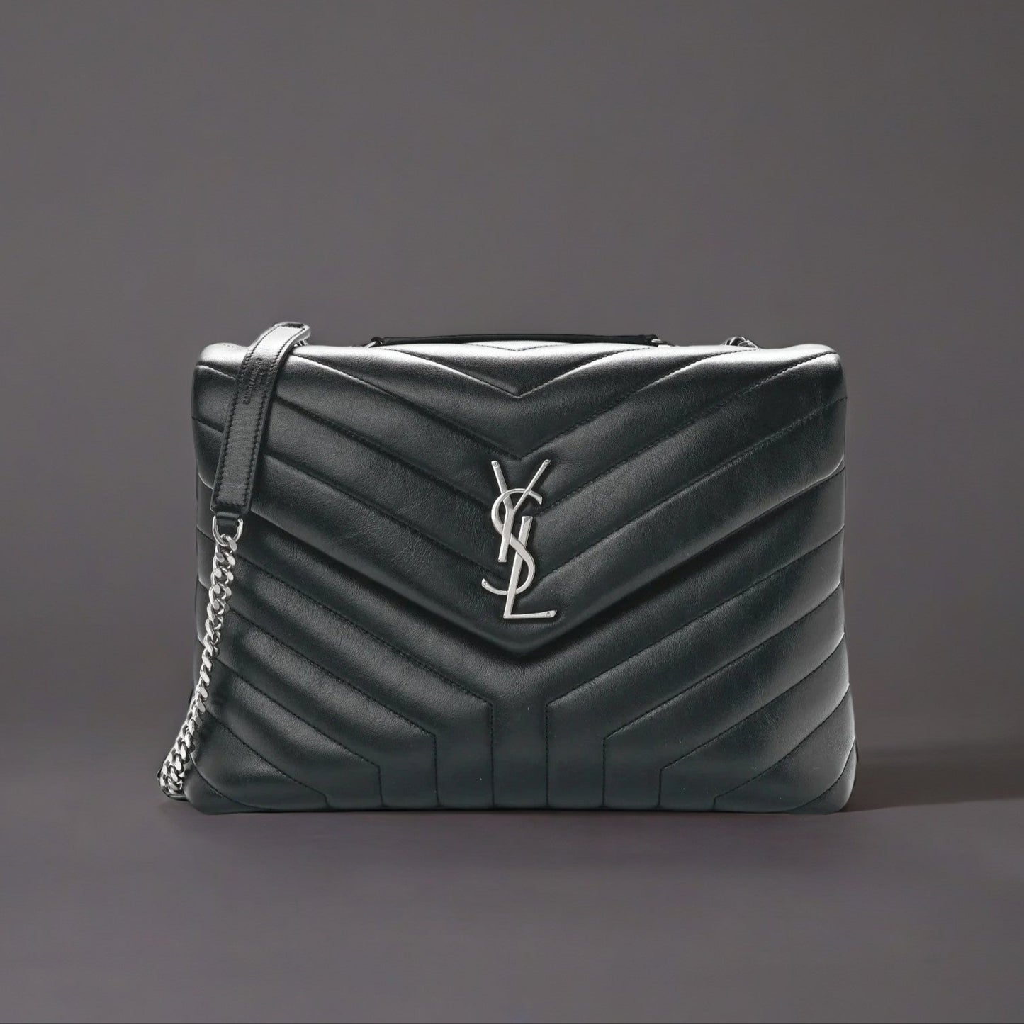 Calfskin Y Quilted Monogram Medium Loulou Chain Satchel Black