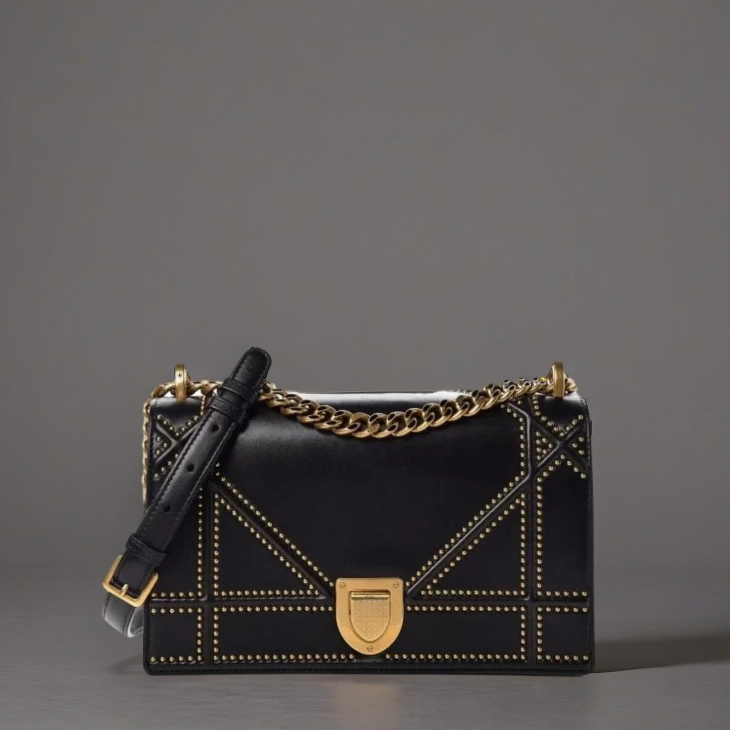 Lambskin Studded Medium Diorama Flap Bag Black