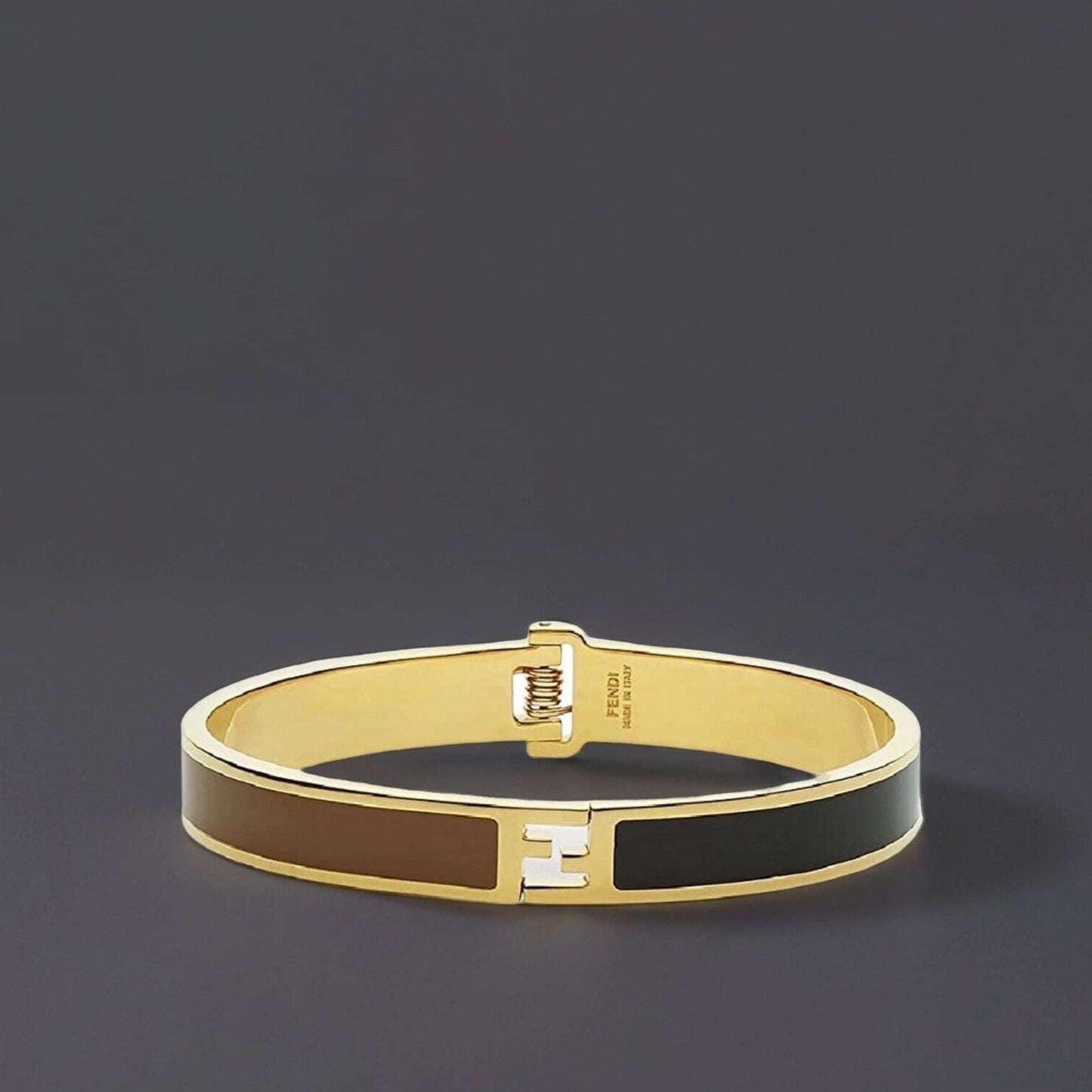 Fendi Fendista Enamel Gold Tone Hinged Bangle Size M