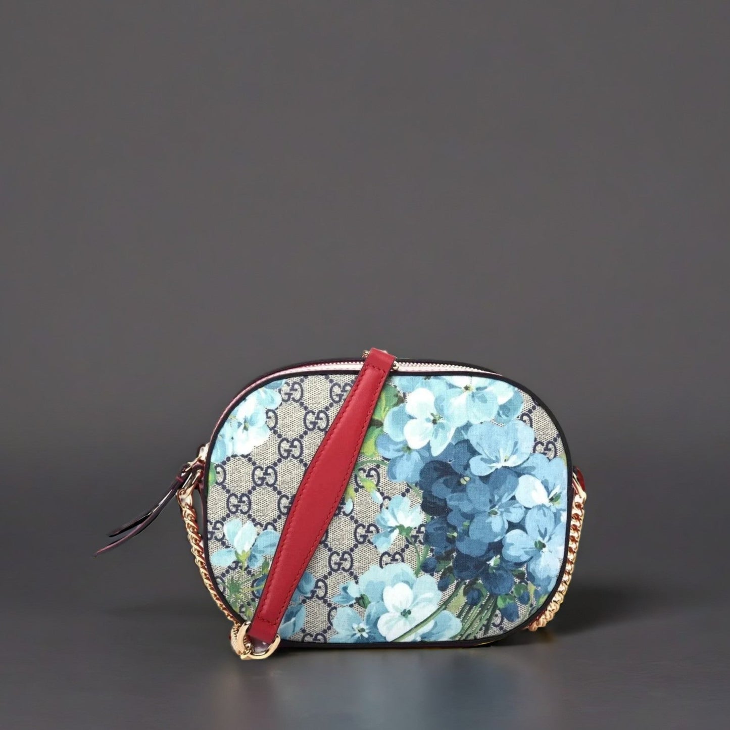 GG Supreme Monogram Blooms Mini Chain Shoulder Bag Beige Blue Navy Hibiscus Red