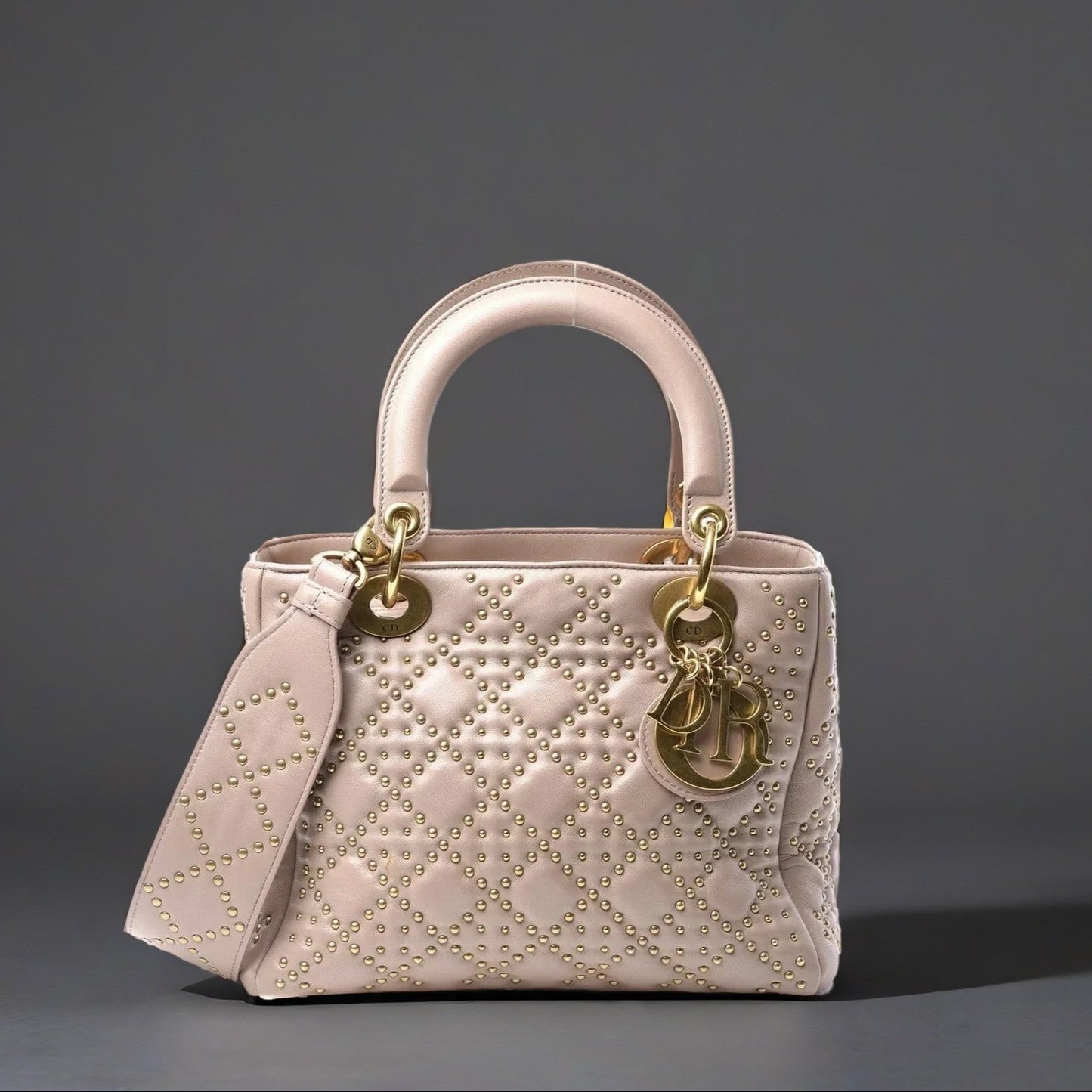 Calfskin Cannage Studded Medium Supple Lady Dior Metallic Beige