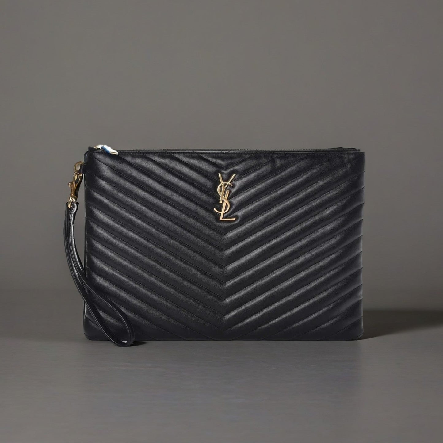 Calfskin Matelasse Chevron Monogram Zip A4 Pouch Black