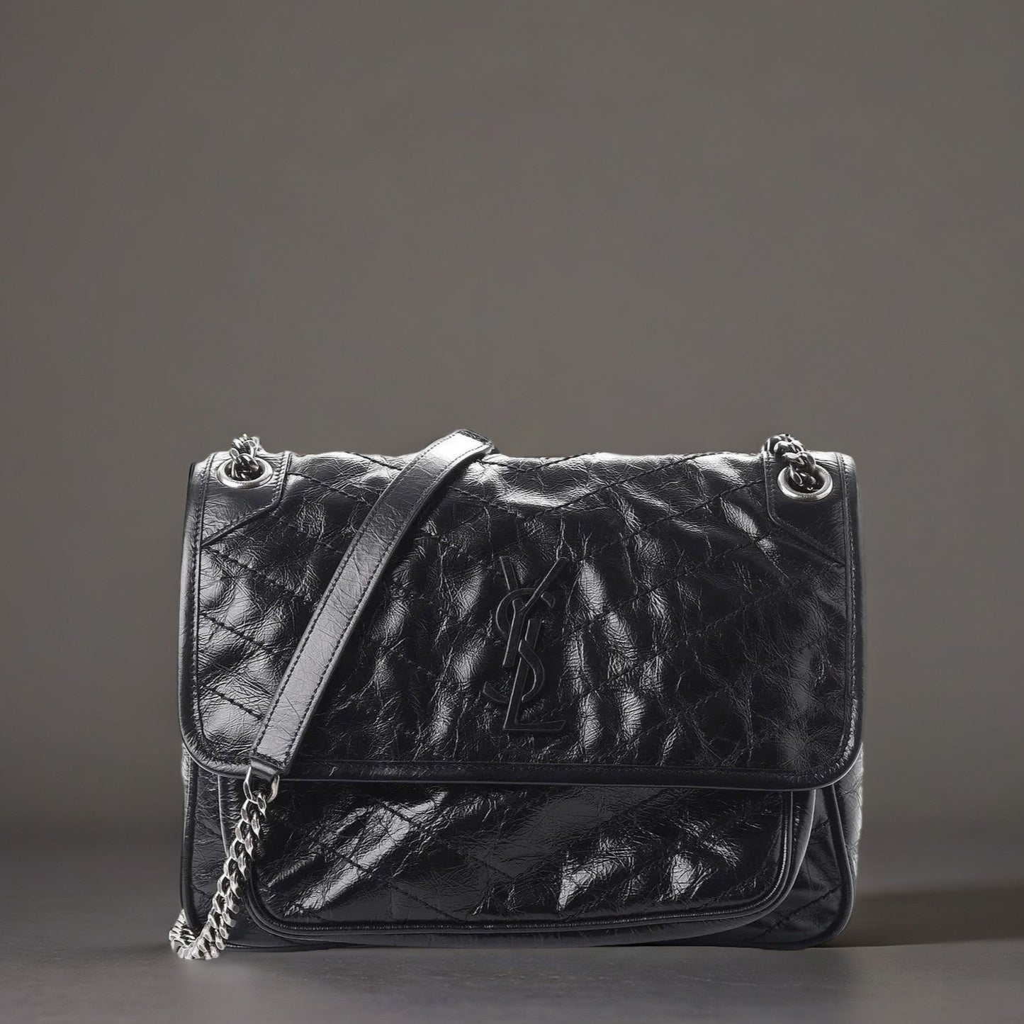 Crinkled Calfskin Matelasse Monogram Medium Niki Chain Satchel Black