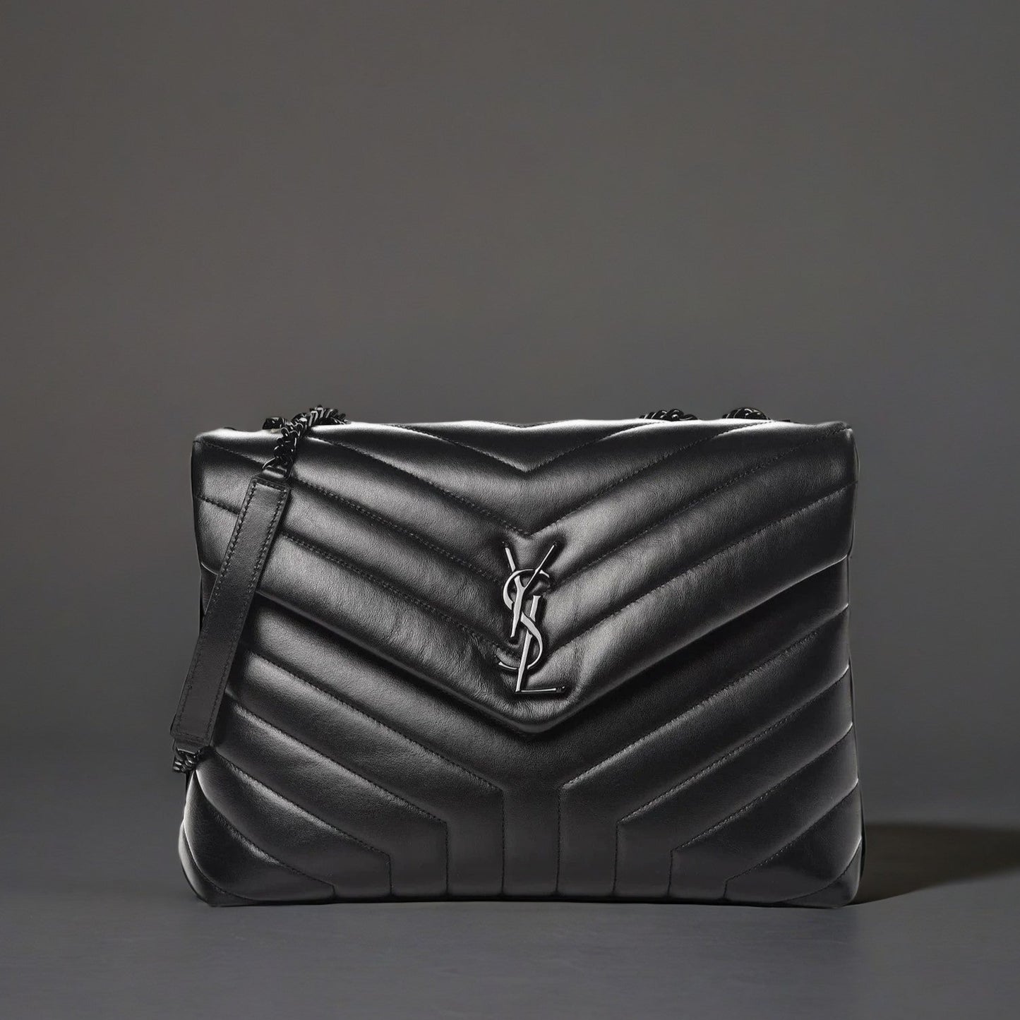 Calfskin Y Quilted Monogram Medium Loulou Chain Satchel Black