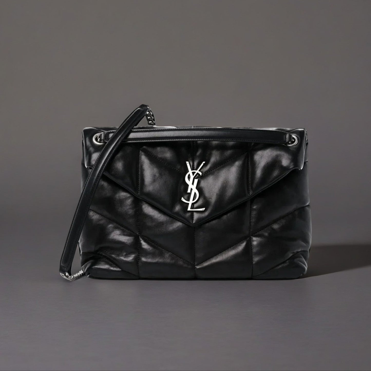 Lambskin Quilted Medium Loulou Puffer Monogram Chain Satchel Black