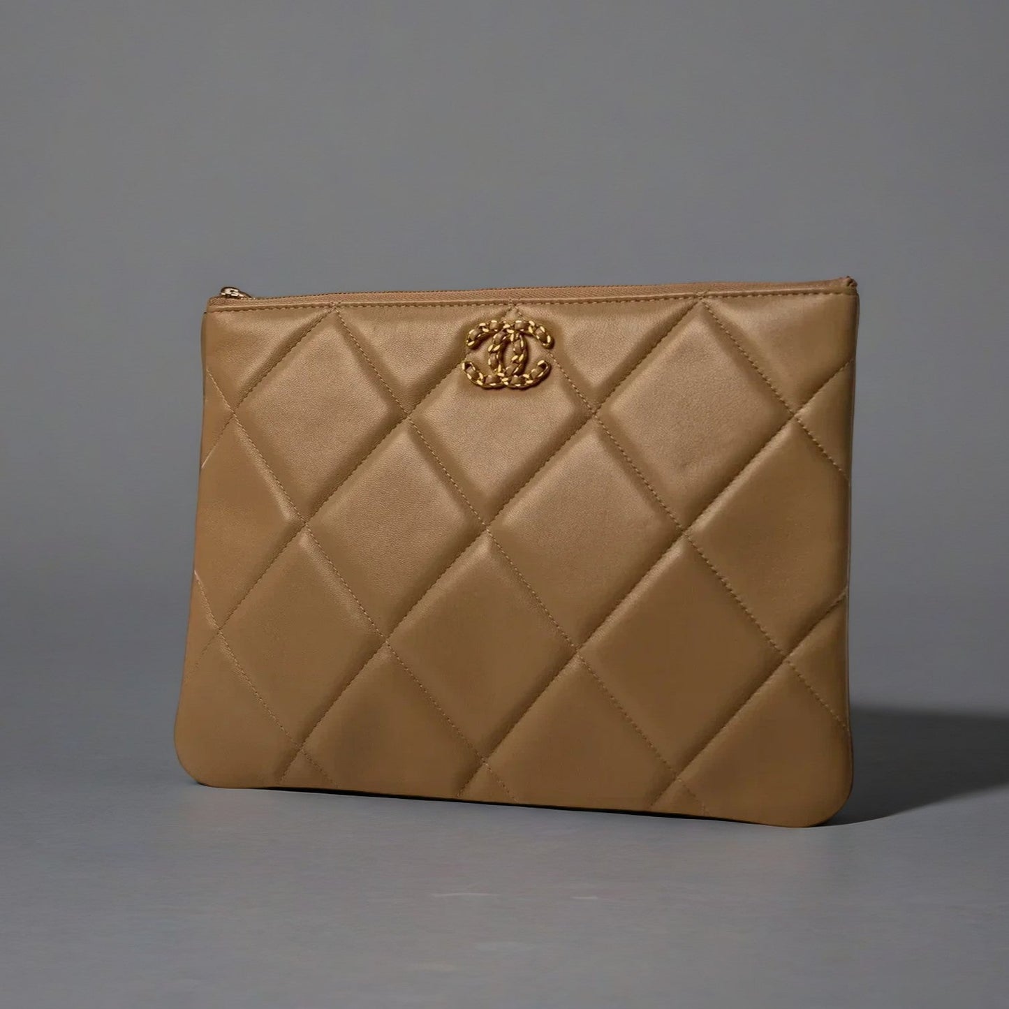 Goatskin Quilted Large Chanel 19 Pouch Beige