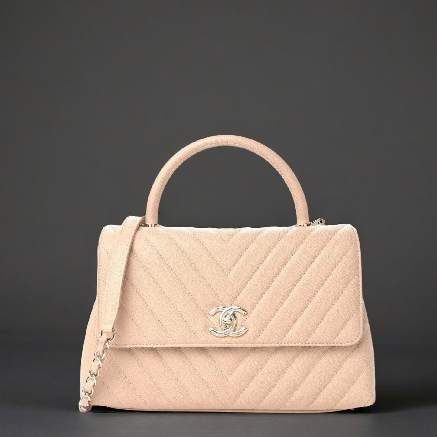 Caviar Chevron Quilted Small Coco Handle Flap Beige