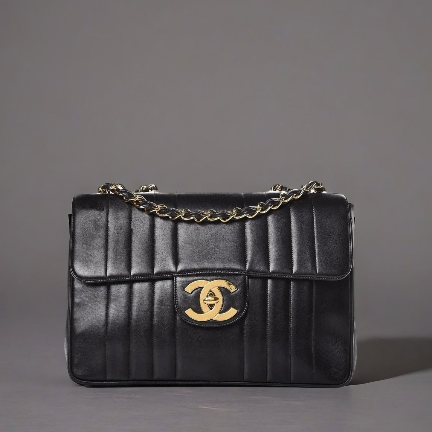 Vintage Lambskin Vertical Quilt Jumbo Flap Black