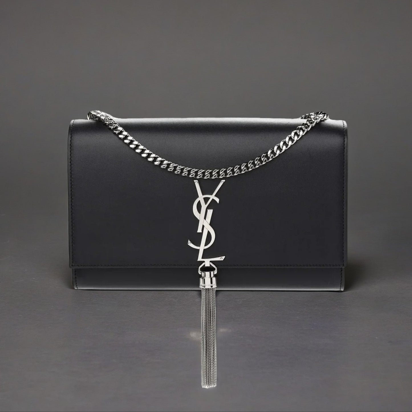 Smooth Calfskin Medium Classic Monogram Kate Tassel Satchel Black