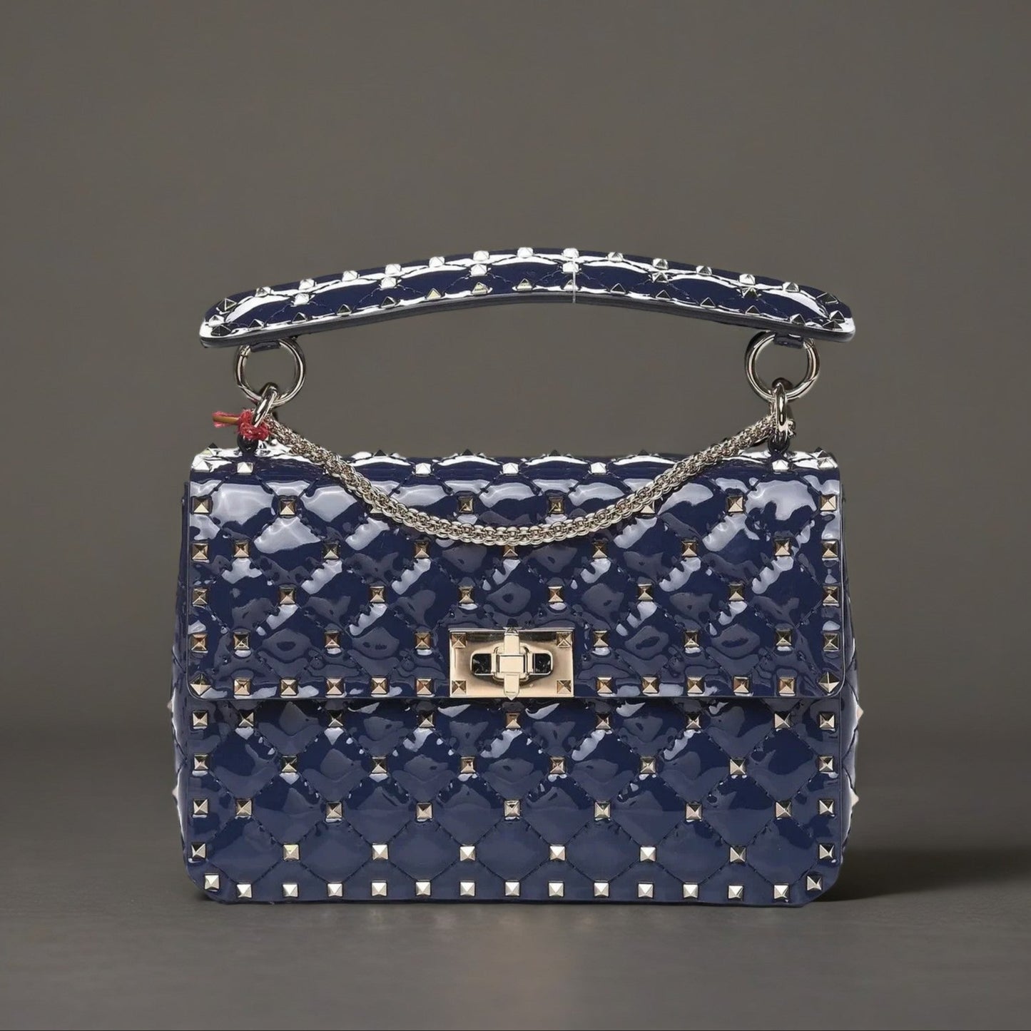 Patent Medium Rockstud Spike Shoulder Bag Navy
