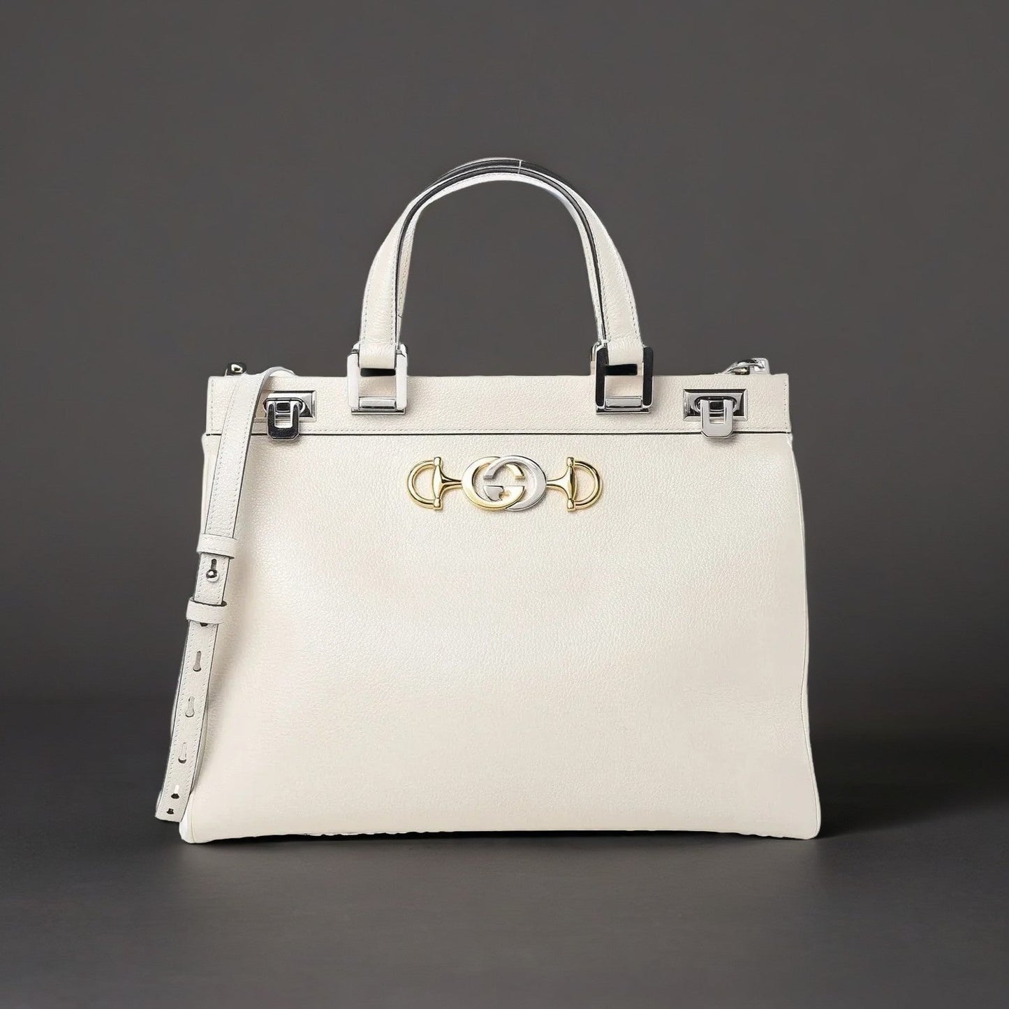 Grainy Calfskin Medium Zumi Top Handle Bag Mystic White