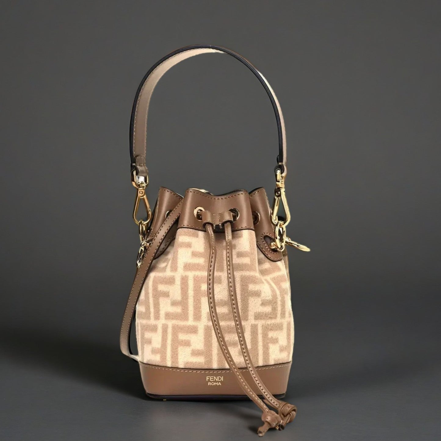 Wool Calfskin FF 1974 Mini Mon Tresor Bucket Bag Beige Cammello Sand