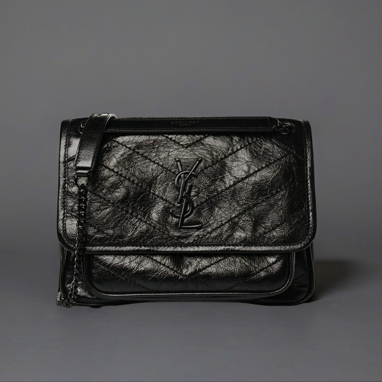 Crinkled Calfskin Matelasse Monogram Baby Niki Chain Satchel Black