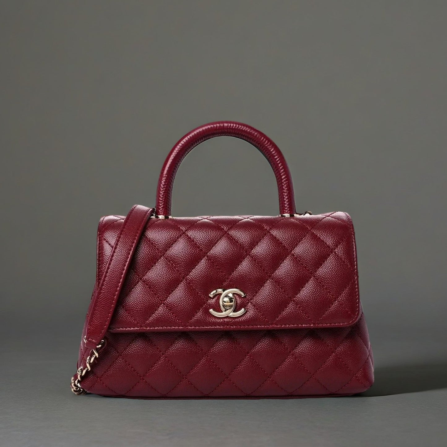 Caviar Lizard Embossed Quilted Mini Coco Handle Flap Burgundy