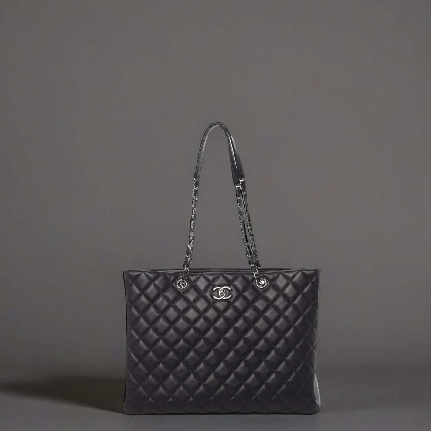 Calfskin Quilted Large CC Shopping Tote Black