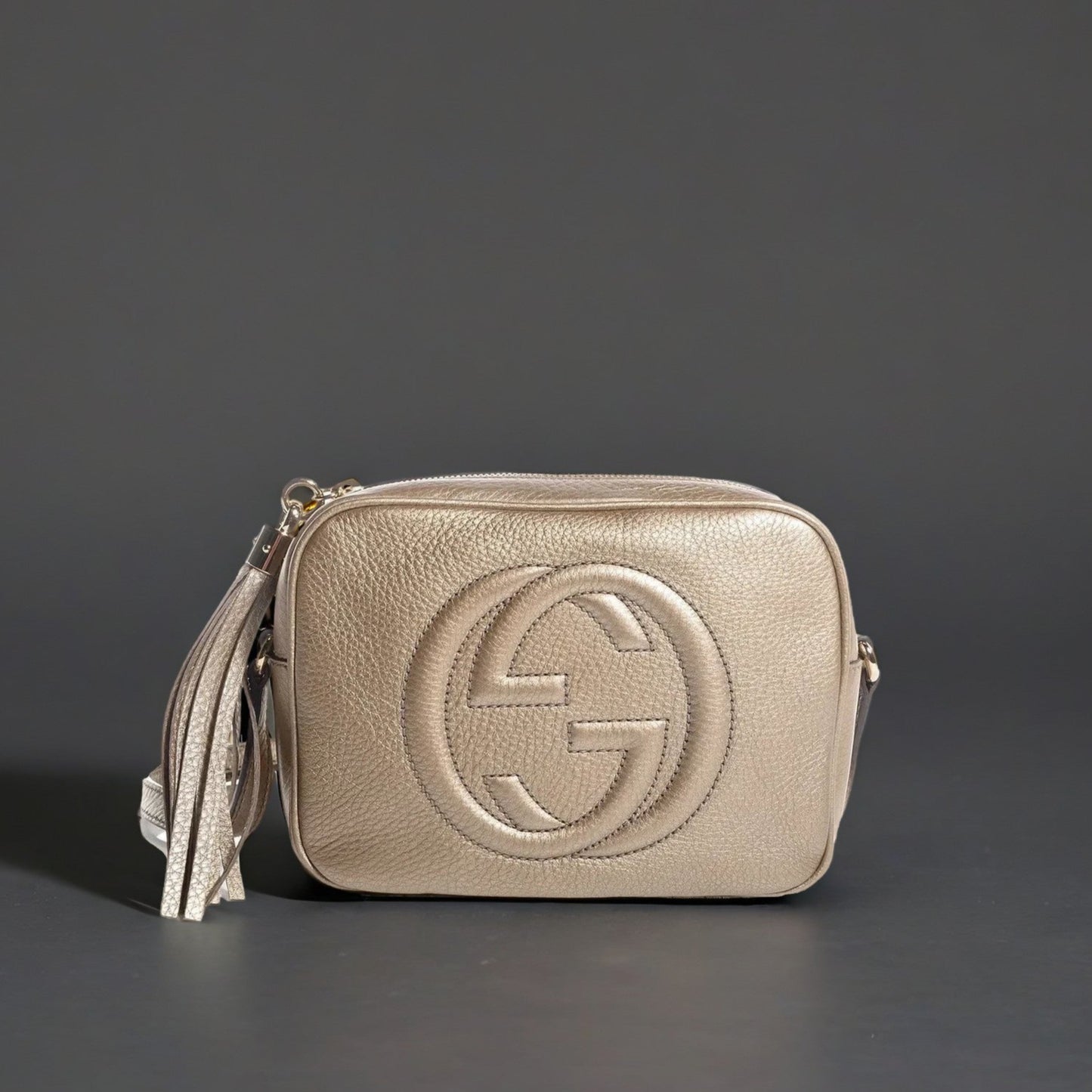 Metallic Pebbled Calfskin Small Soho Disco Bag Golden Beige