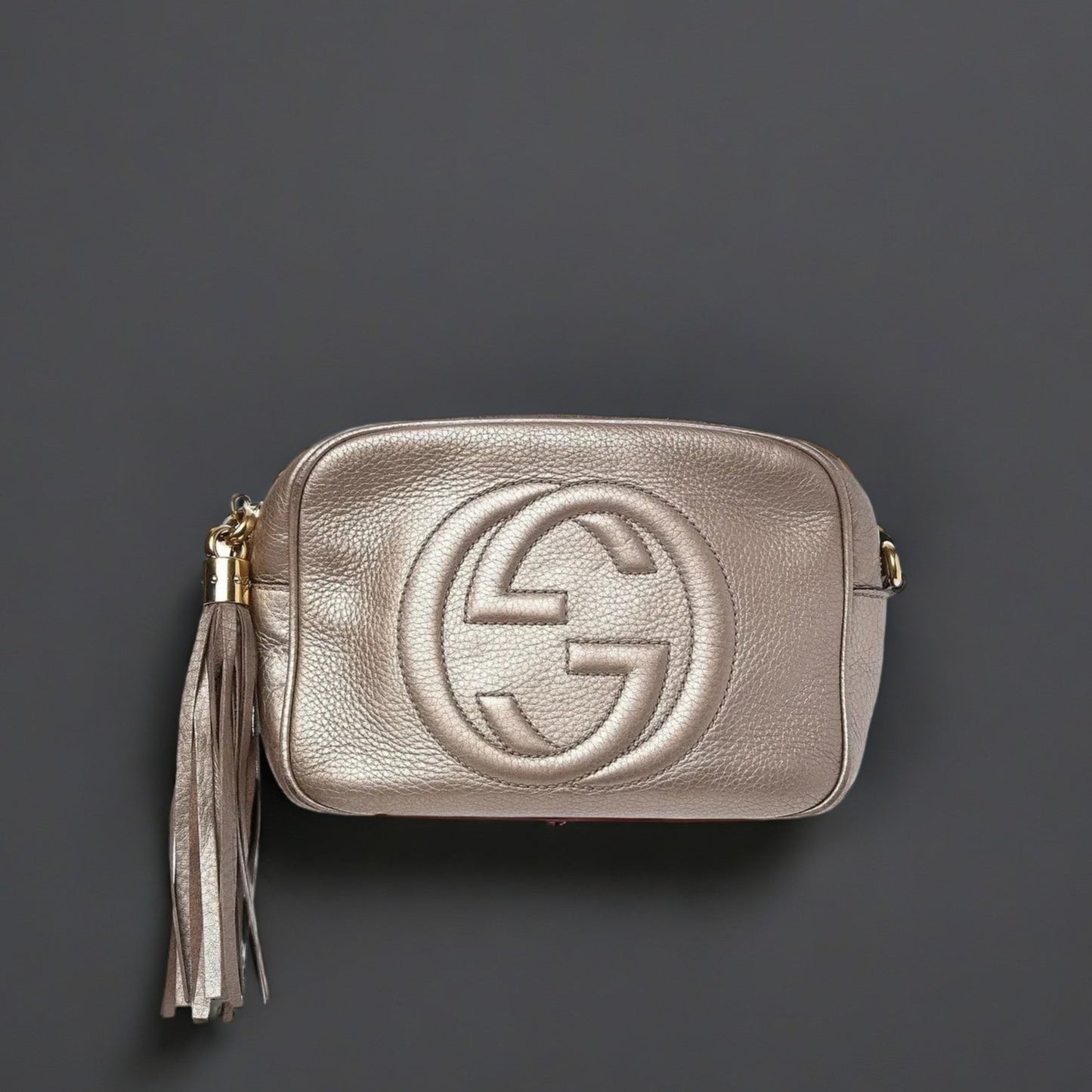 Metallic Pebbled Calfskin Small Soho Disco Bag Golden Beige