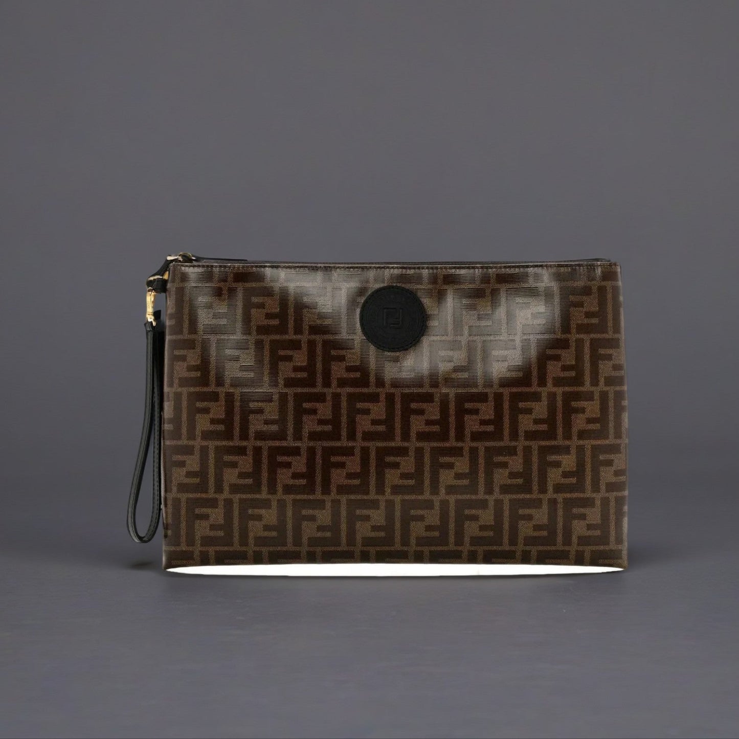 Glazed Fabric Vitello Century FF 1974 Stamp Patch Large Flat Pouch Mogano Panna Black