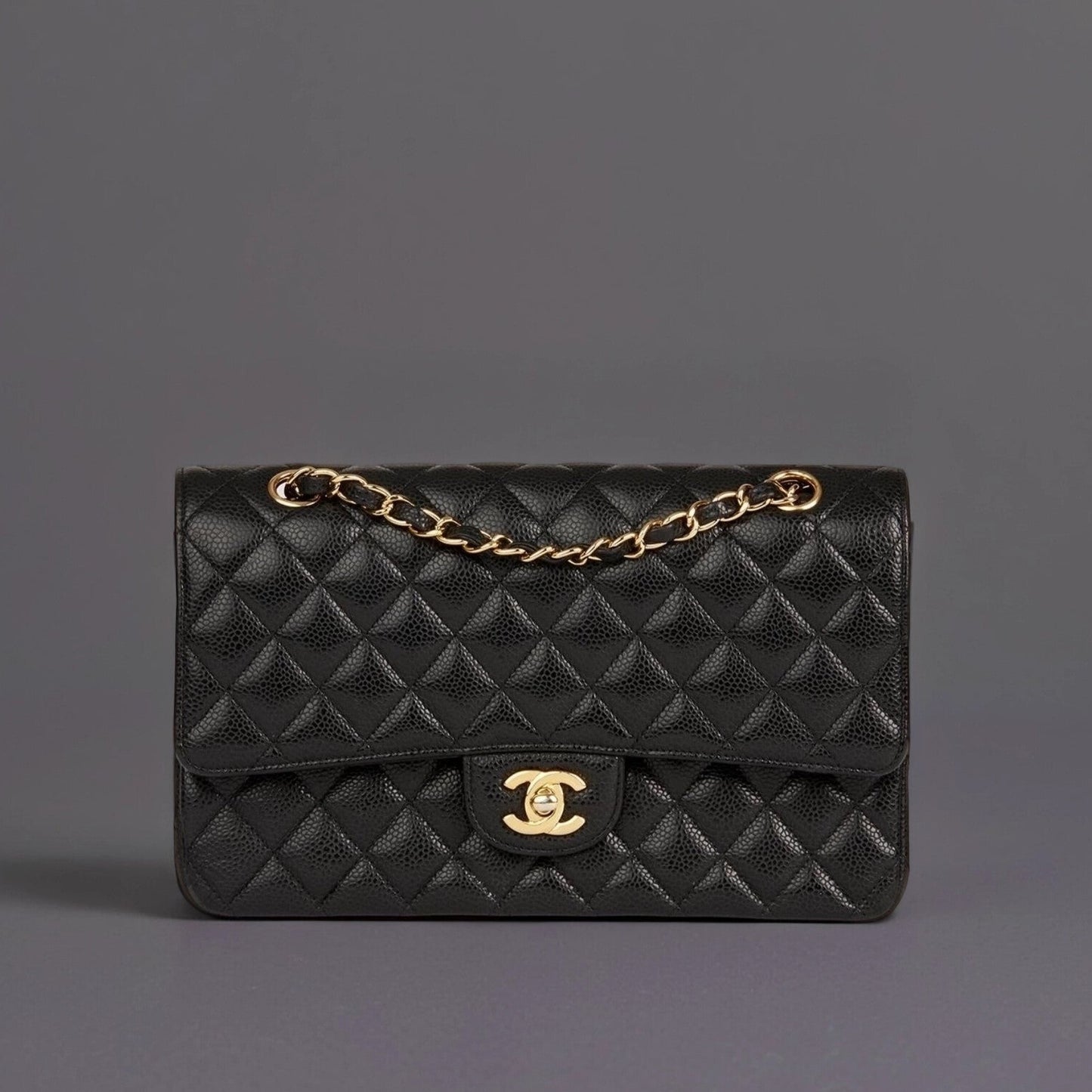 Black Quilted Caviar Leather Medium Classic Double Flap Bag