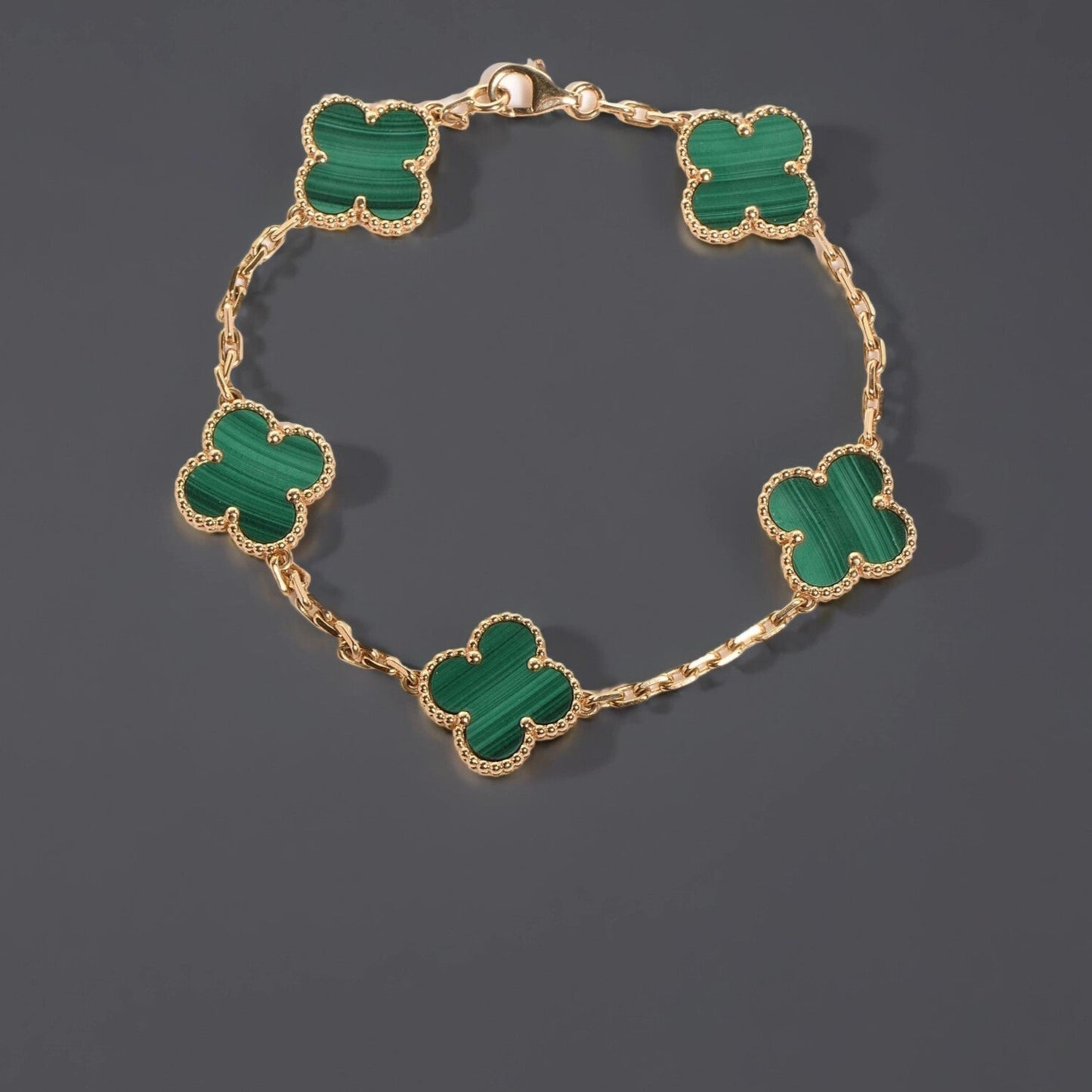 18K Yellow Gold Malachite 5 Motifs Vintage Alhambra Bracelet