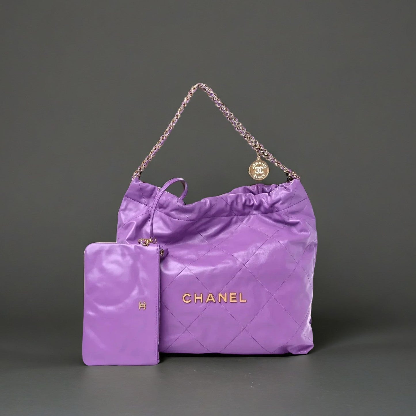 Shiny Calfskin Quilted Chanel 22 Purple