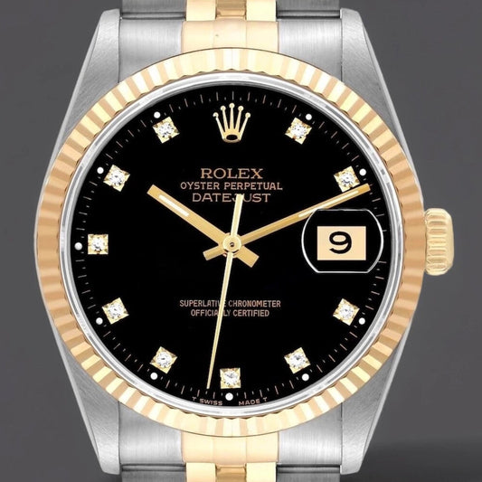 Rolex Datejust 36mm Steel Yellow Gold Black Diamond Dial Watch