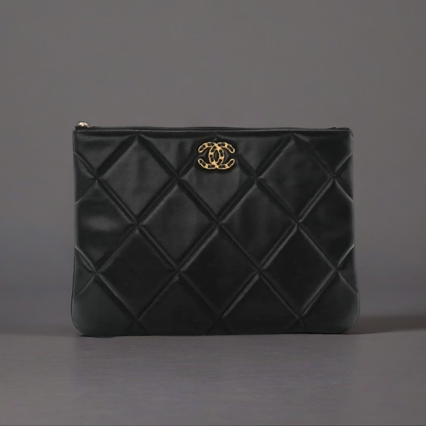 Goatskin Quilted Large Chanel 19 Pouch Black