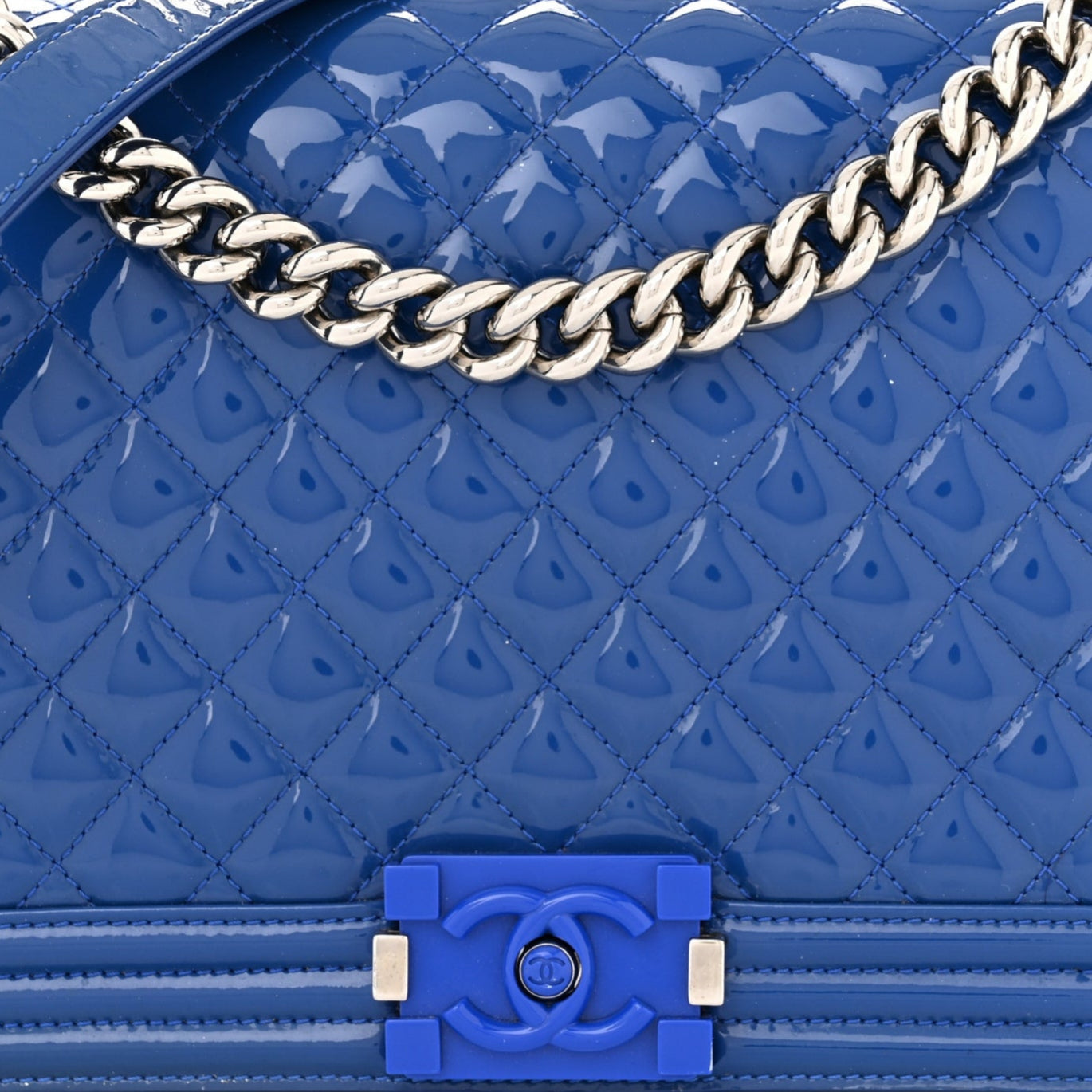 Blue Quilted Patent Leather New Medium Plexiglass Boy Bag