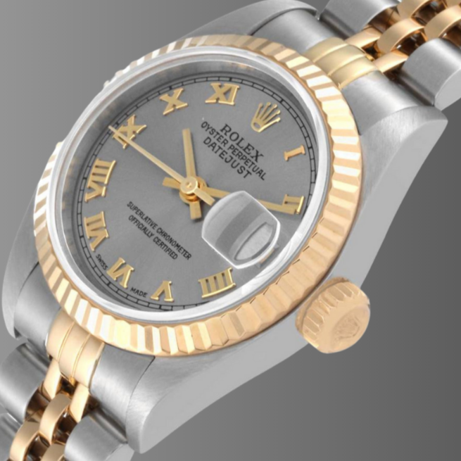 Rolex Datejust Steel 26mm Yellow Gold Slate Roman Dial Ladies Watch