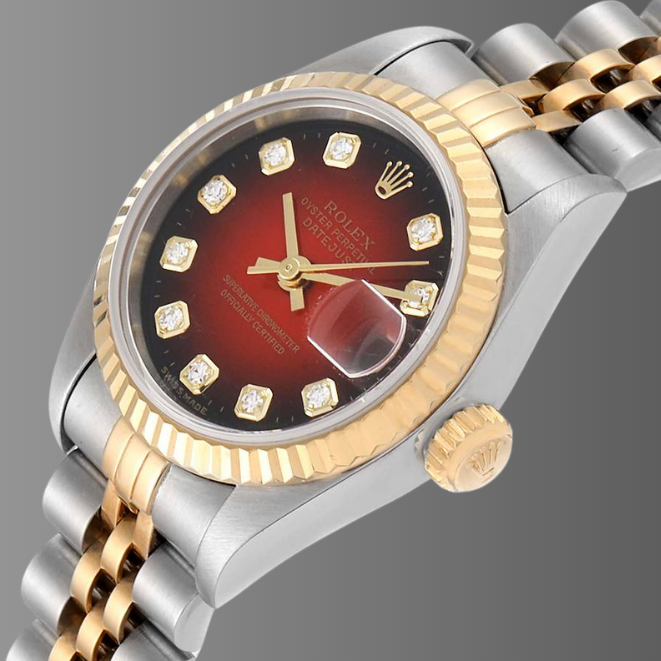 Rolex Datejust 26mm Steel Yellow Gold Red Vignette Diamond Dial Watch