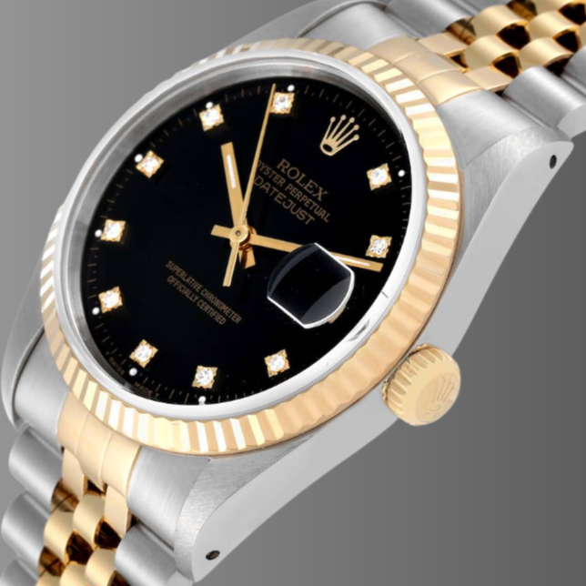 Rolex Datejust 36 Steel Yellow Gold Black Diamond Dial Mens Watch