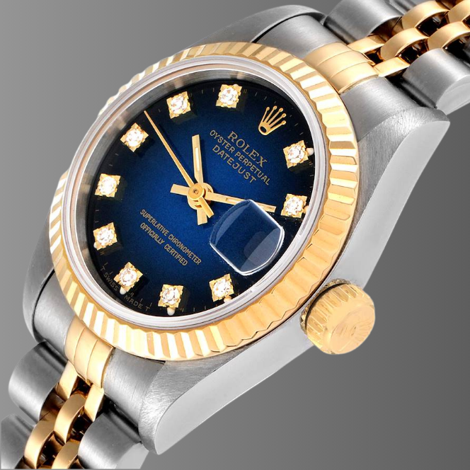 Rolex Datejust 26mm Steel Yellow Gold Blue Vignette Diamond Dial Watch