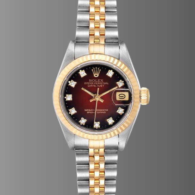 Rolex Datejust 26mm Steel Yellow Gold Red Vignette Diamond Watch