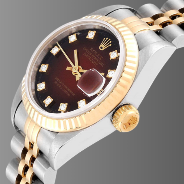 Rolex Datejust 26mm Steel Yellow Gold Red Vignette Diamond Watch