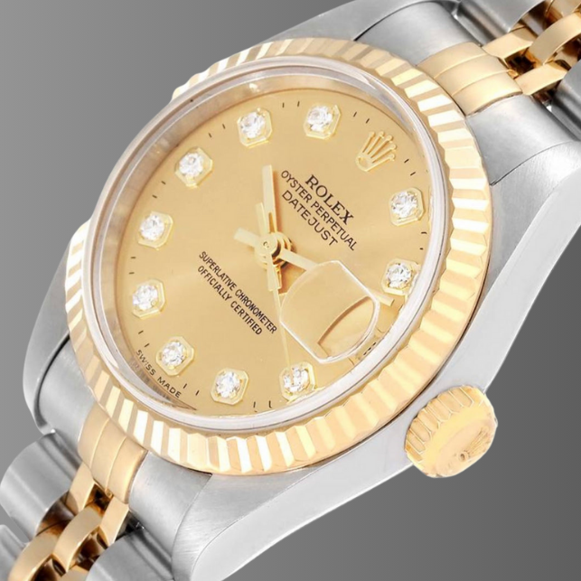 Rolex Datejust 26mm Steel Yellow Gold Champagne Diamond Dial Ladies Watch
