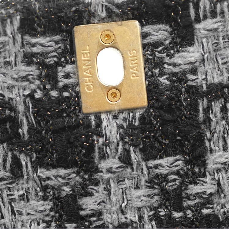 CHANEL Mini Flag Bag Black & Grey Tweed Aged Gold Hardware