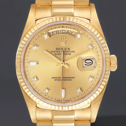 Rolex 36 President Day-Date 18k Yellow Gold Diamond Watch