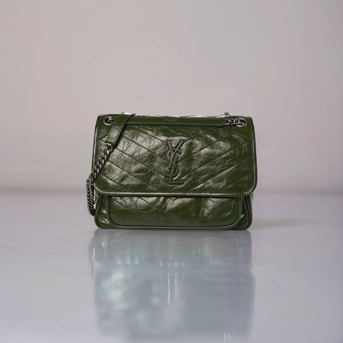 Crinkled Calfskin Matelasse Monogram Medium Niki Chain Satchel Military Olive