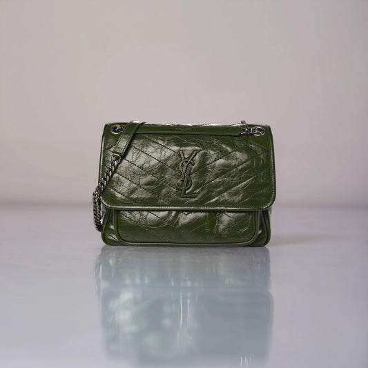 Crinkled Calfskin Matelasse Monogram Medium Niki Chain Satchel Military Olive