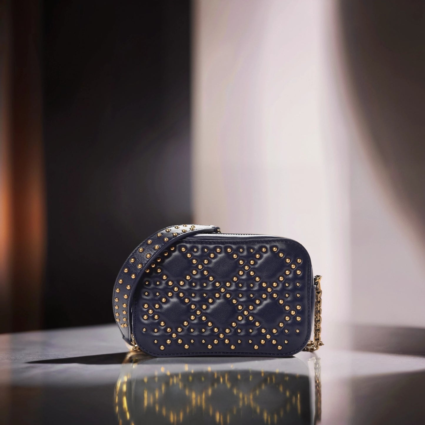 Lambskin Cannage Studded Lady Dior Camera Case Pouch Blue