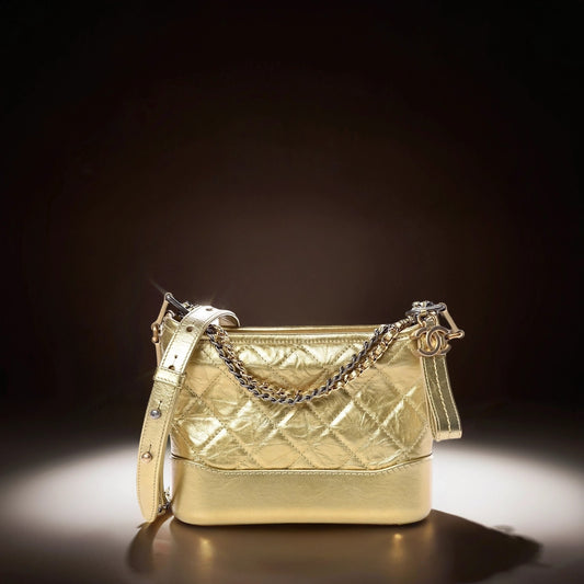 Metallic Aged Calfskin Quilted Small Gabrielle Hobo Gold