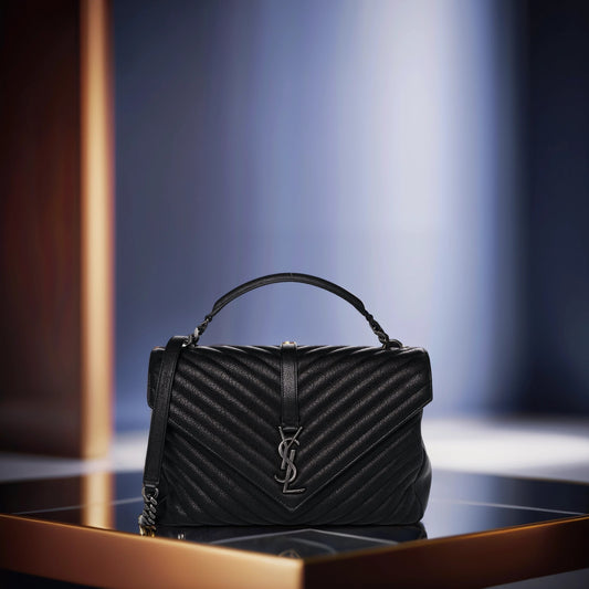 Sheepskin Matelasse Chevron Monogram Large College Satchel Black