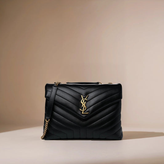 Calfskin Y Quilted Monogram Medium Loulou Chain Satchel Black