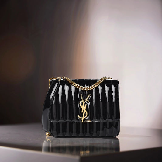 Patent Matelasse Monogram Large Vicky Chain Bag Black